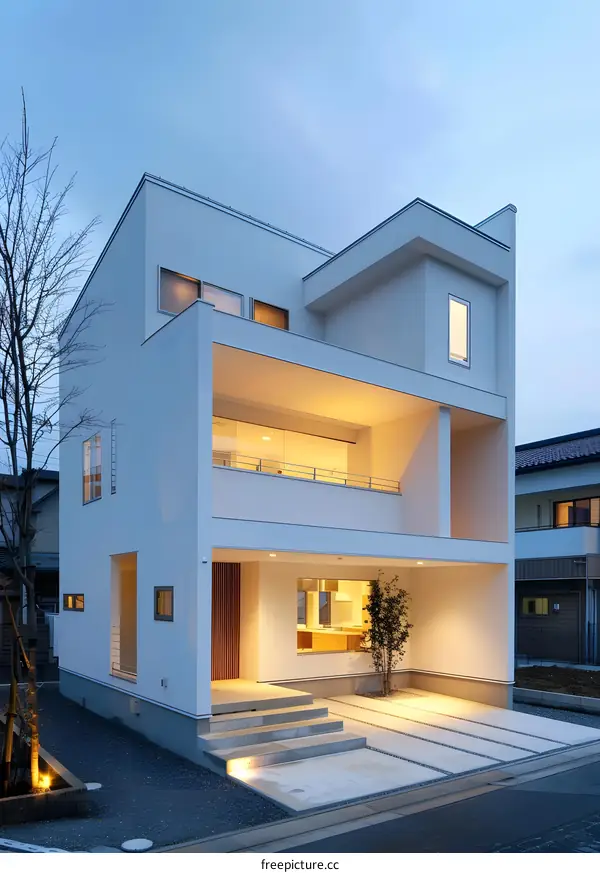 Modern Minimalist White House with Large Windows and a Balcony