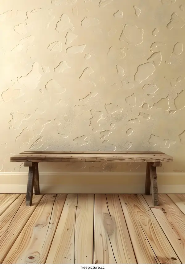 Rustic Wooden Bench Against Beige Wall Background
