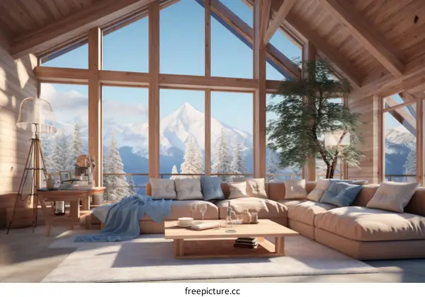 Modern mountain house interior living room with large glass windows and wooden beams