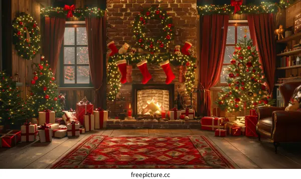 Christmas Tree Beside a Cozy Fireplace