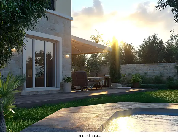 Modern Backyard Pool with Patio and Stone Wall