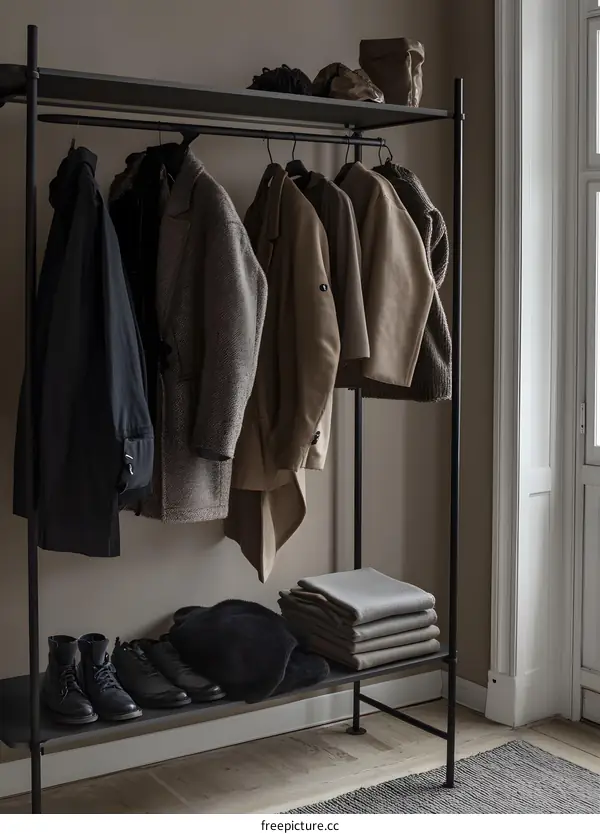Black Metal Clothing Rack with Winter Clothes and Boots
