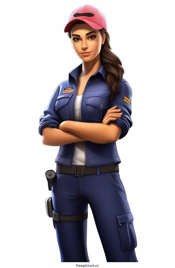 A female firefighter wearing a red hat and blue uniform