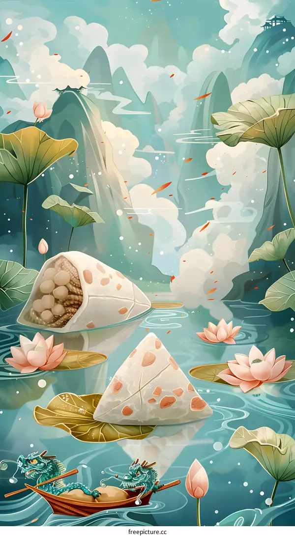 Two cute cartoon dragons are happily paddling a boat in the water with lotus flowers and leaves, and there are two zongzi on the lotus leaves. There are mountains and亭台楼阁 in the background.