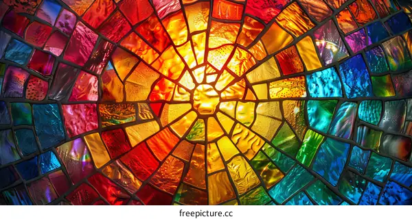 Stained glass window with a sunburst design