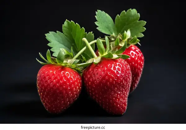 Three ripe red strawberries with green leaves on a black background