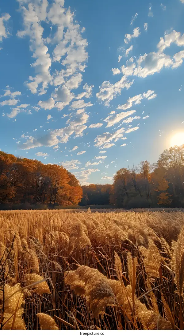 Field of wheat under blue sky and white clouds