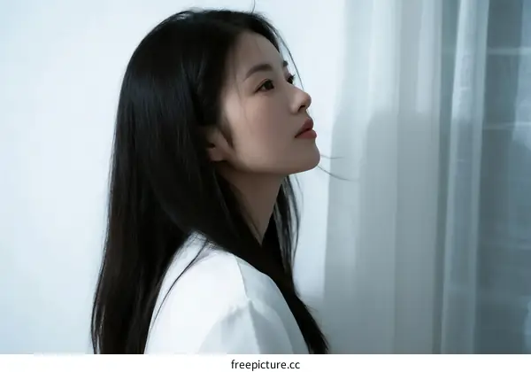 Young Woman with Long Black Hair Looking Up Near Window