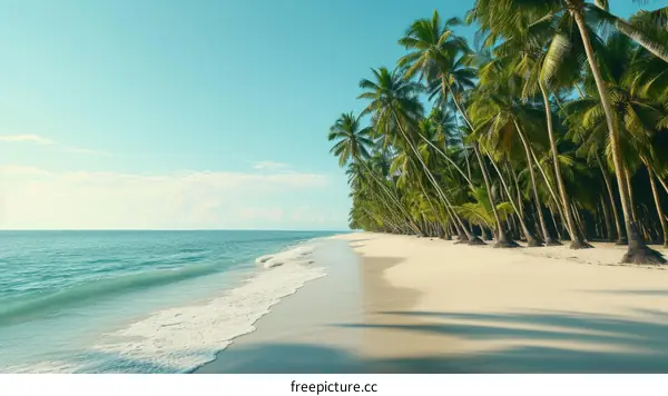 Coconut trees on a tropical beach with white sand and turquoise ocean water