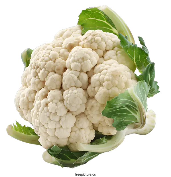 [Transparent Background PNG]Fresh White Cauliflower With Green Leaves On White Background