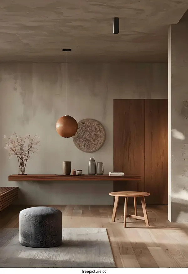 Modern Minimalist Living Room Interior Design With Wooden Floor And Concrete Wall