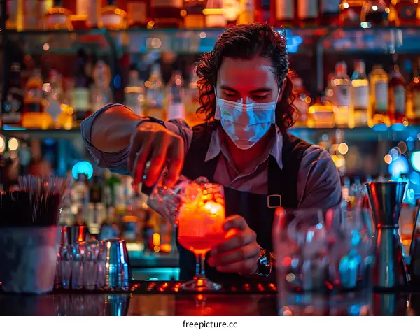 Bartender wearing a mask pours a drink