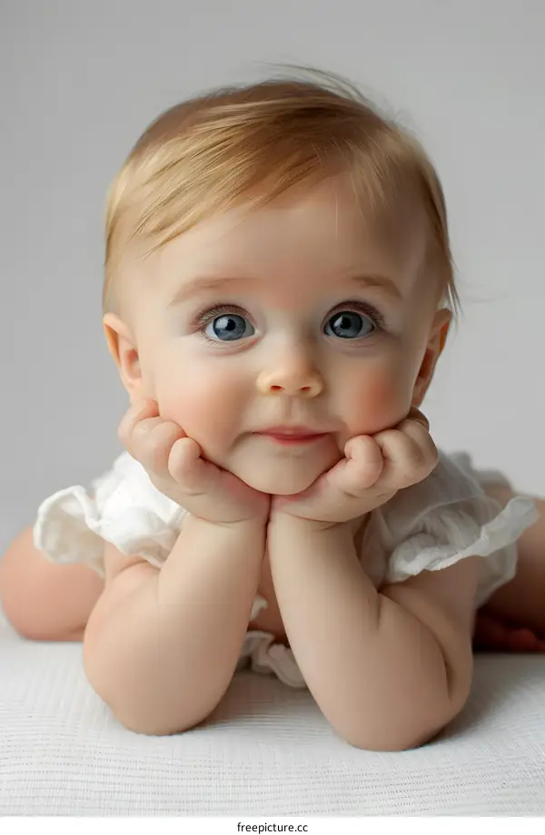 Portrait of a cute baby girl with blonde hair and blue eyes
