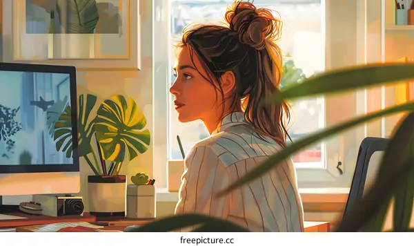 Woman Sitting at Desk with Computer Looking Out Window