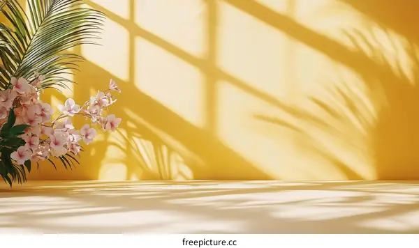 Elegant Yellow Room with Pink Flowers and Palm Shadows