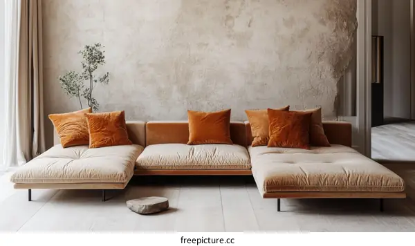 Modern Beige Sectional Sofa with Orange Pillows in a Rustic Interior