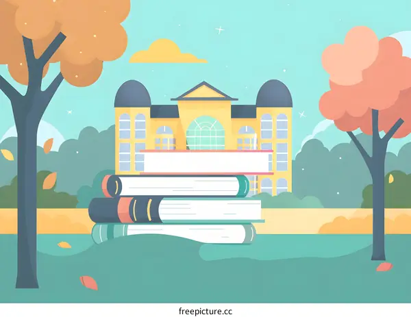 Stack of Books in Front of School Building with Autumn Leaves