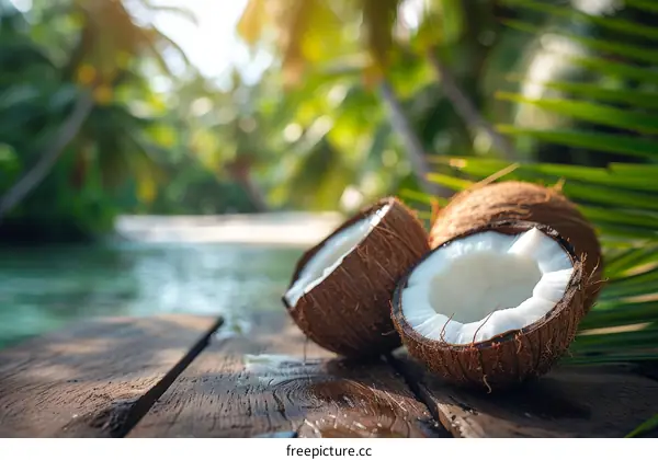 Two halves of a coconut on a wooden table with palm trees in the background