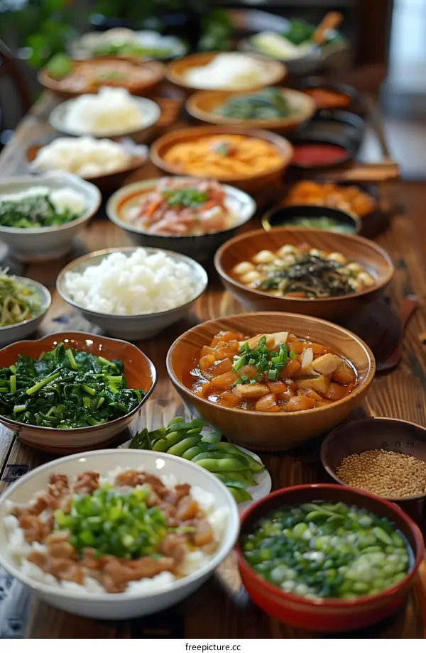Japanese Food Feast on Wooden Table