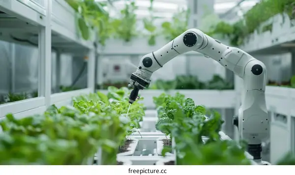 A robotic arm is watering plants in a greenhouse