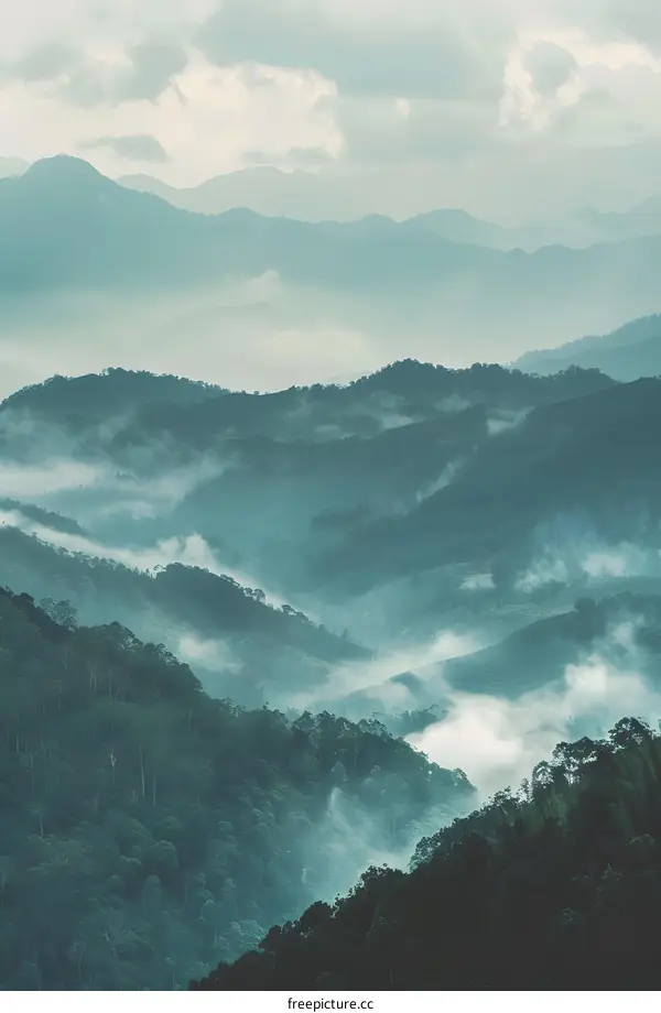 Misty Mountain Landscape with Green Trees and Clouds