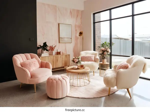 Pink and Cream Living Room with Large Windows