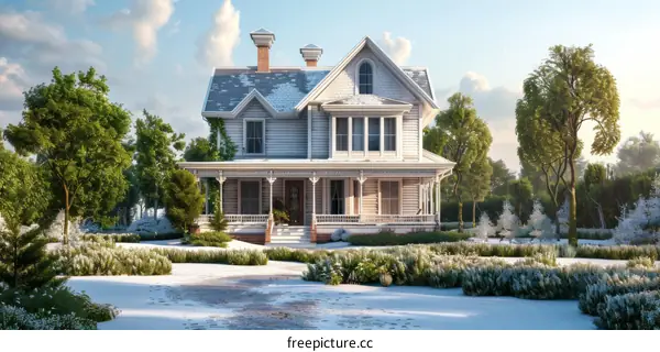 Large white house in winter setting