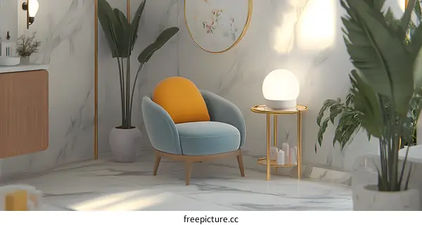 Modern Bathroom Interior Design with Blue Velvet Chair and Gold Accents