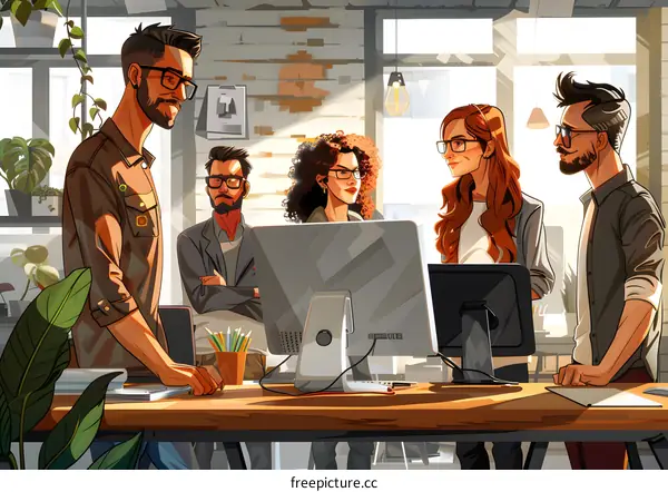 coworkers in casual clothes discussing work around a computer