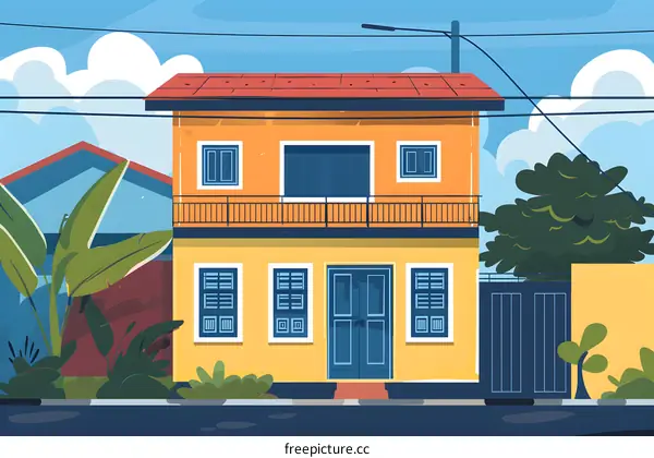 Yellow House With Blue Door And Windows Illustration