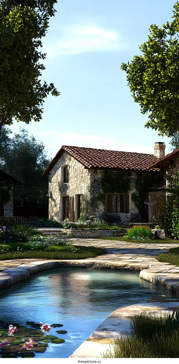 Stone House with Pond and Lush Greenery