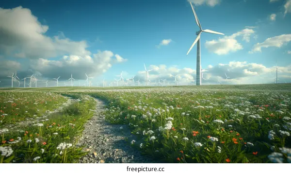 Wind turbines in a field of flowers