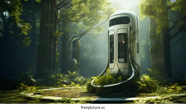 An overgrown alien computer in the middle of a jungle