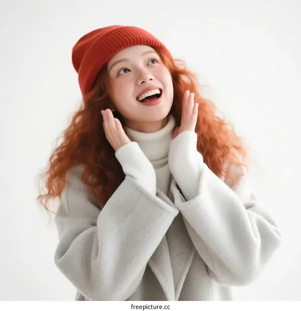 A Young Woman with Curly Red Hair Wearing a Red Beanie and Gray Coat