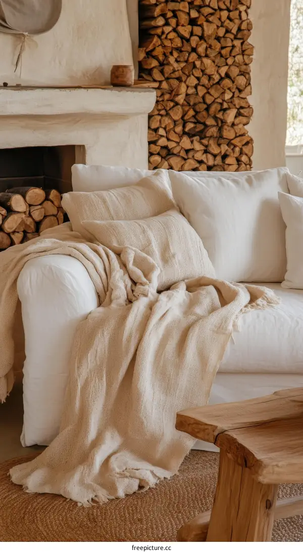 Beige Throw Blanket on White Sofa