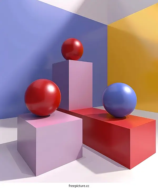 Abstract Minimalist 3D Render of Spheres on Cubes with Color Palette