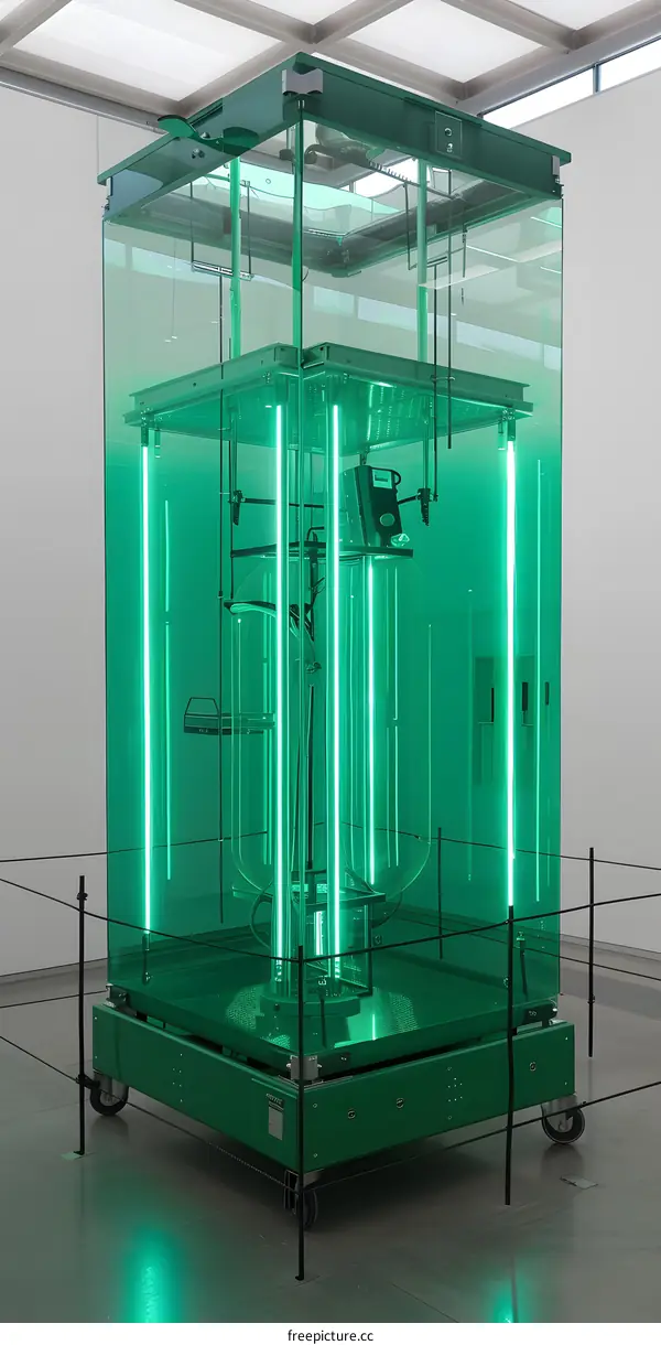 Green Glass Cube Installation Art with Neon Lights