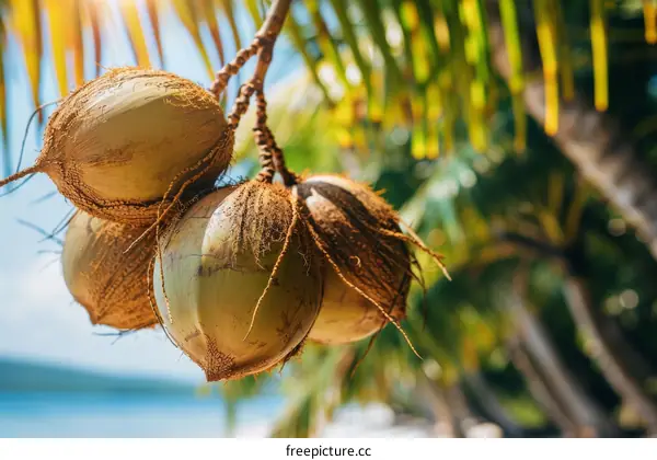 Closeup of coconuts growing on palm tree