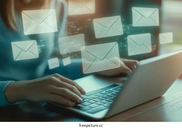 Woman working on laptop with email icons