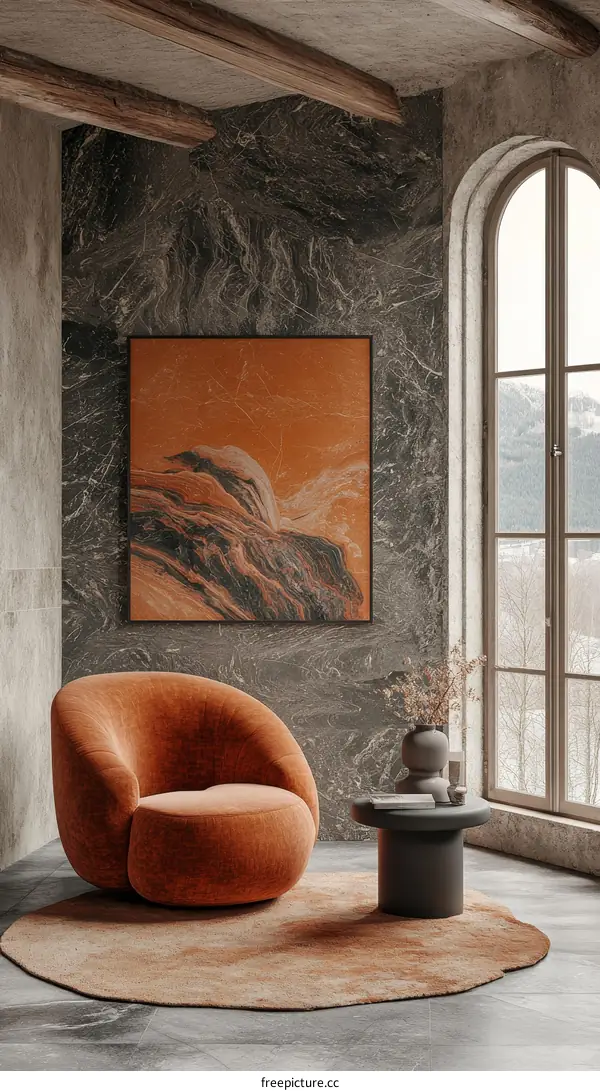 Modern Living Room with Orange Accent Chair and Artwork