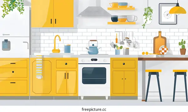 Modern Kitchen Illustration with Yellow Cabinets and White Appliances
