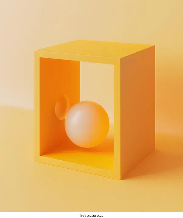 Yellow Sphere in a Square Box Abstract Minimalist 3D Rendering