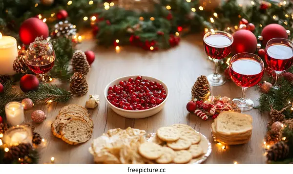 Christmas Festive Table Setting with Red Wine and Cranberry Sauce