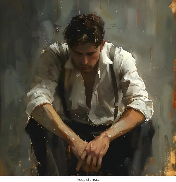 A man sits in the dark, his head is bowed, his hands are on his knees, his expression is sad