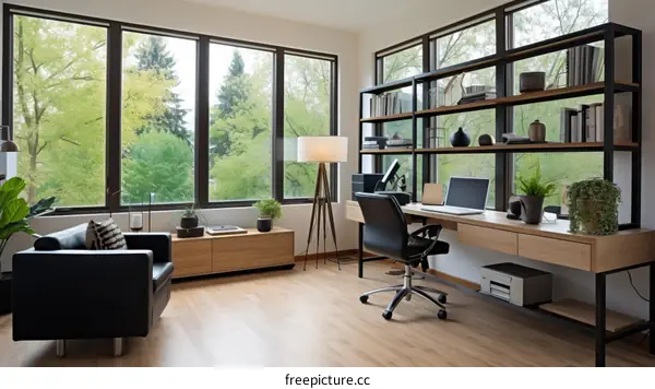 A home office with a large windows and a view of the forest