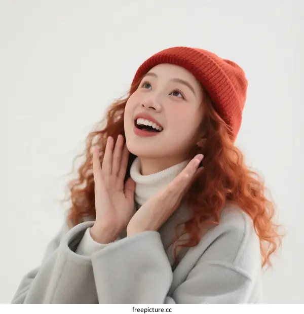 A Young Woman with Curly Red Hair Wearing an Orange Beanie and Gray Coat