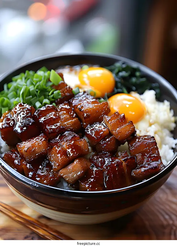 A bowl of Japanese food with pork, egg and rice