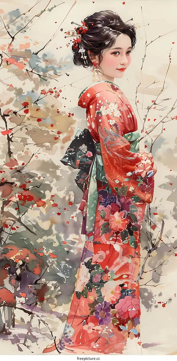 A beautiful Japanese woman in a red kimono standing in a cherry blossom forest