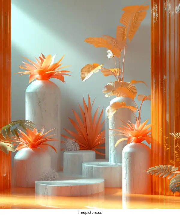 Abstract Tropical Display with Marble Pedestals
