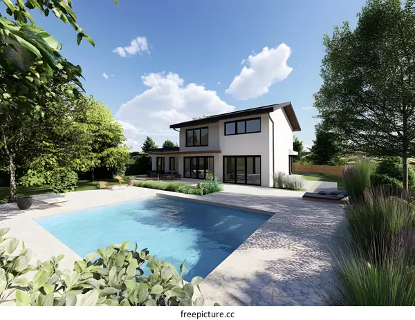 Modern House with Swimming Pool and Green Backyard